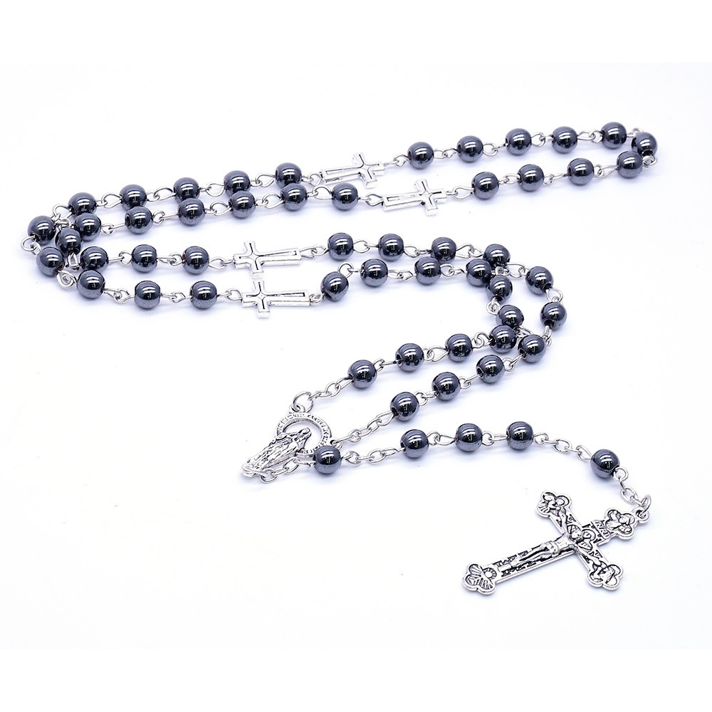 念珠项链无磁性黑胆石复古十字架礼品批发Rosary necklace