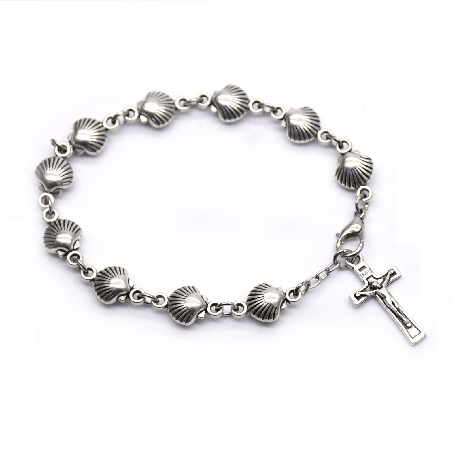 贝壳手链复古合金念珠十字架手串手环弯针珠Rosary bracelet