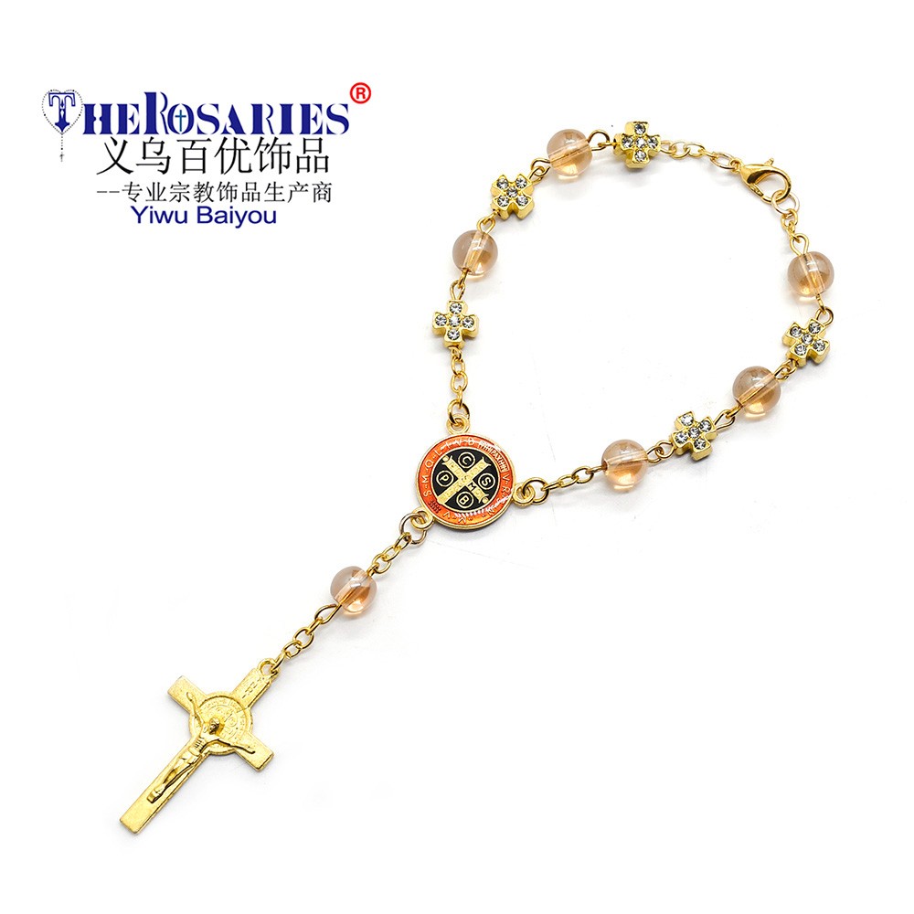 圣本笃念珠手链金色十字架手串手环弯针Rosary bracelet