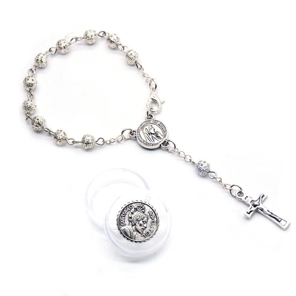 盒装6mm漏空珠念珠手链合金十字架手串手环Rosary bracelet