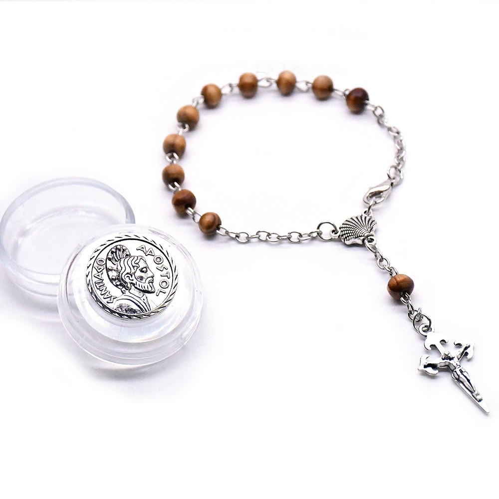 盒装6mm木珠念珠手链合金十字架手串手环Rosary bracelet