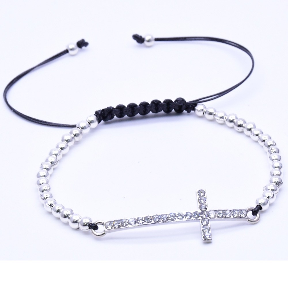 手工编制拉绳中国结金属珠点钻十字架手链Cross bracelet