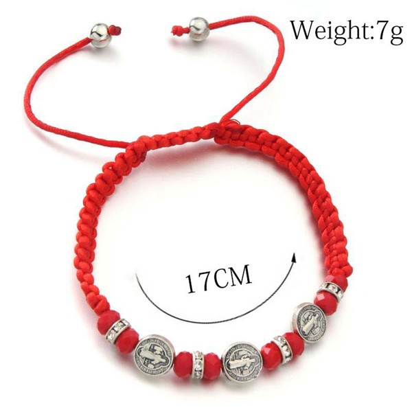 手工红色中国结绳红绳编圣本笃念珠十字架手链　Cross bracelet