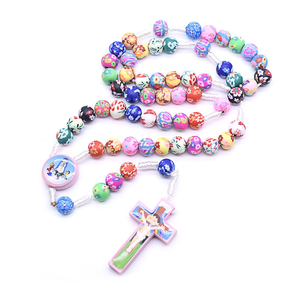 电商专供编制彩色软陶手工玫瑰念珠项链儿童十字架Rosary