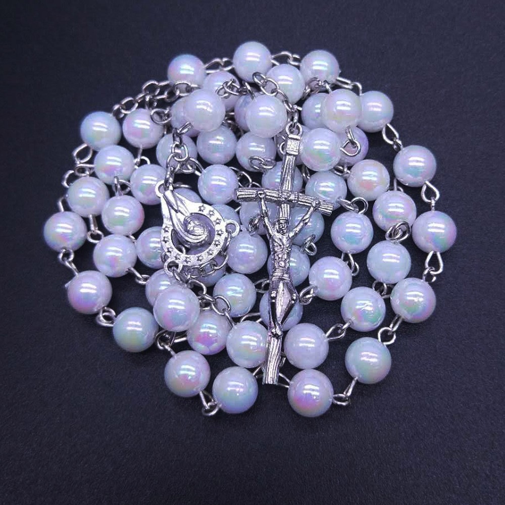外贸出口幻彩白色珠光念珠项链十字架珠Rosary necklace