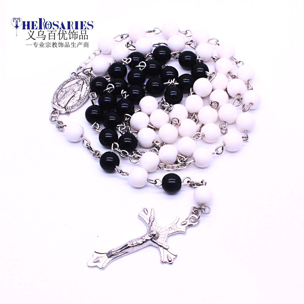 跨境货源　十字架念珠饰品黑白压克力珠念珠项链饰品批发ROSARY