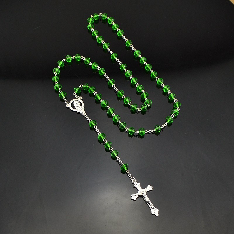 水晶十字架念珠Rosary 项链外贸饰品批发多色选 6*8mm