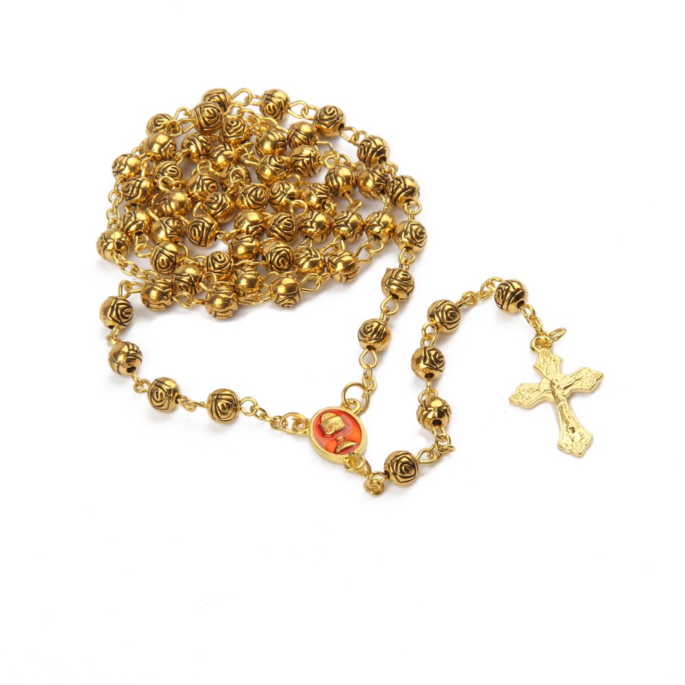 跨境爆款配饰复古金玫瑰圣杯十字架念珠项链金属珠 Rosary 