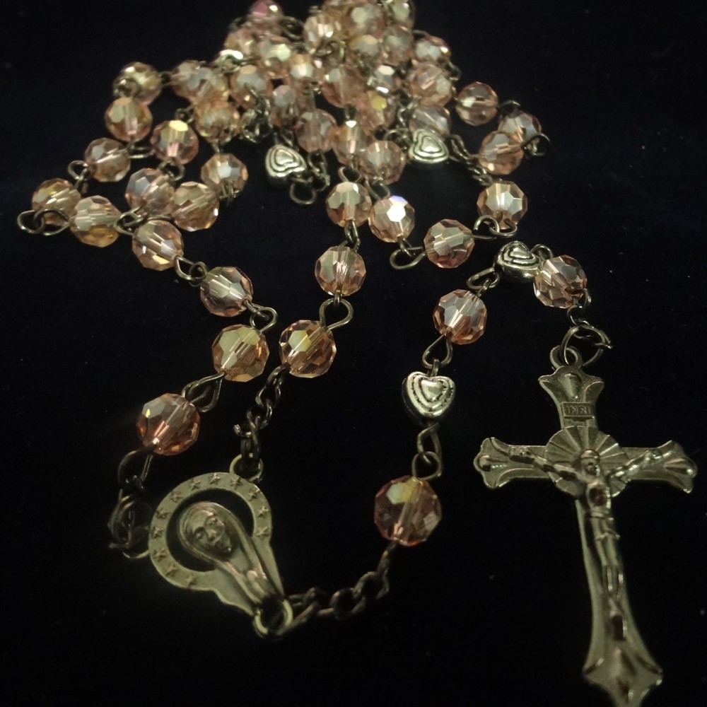 500条起订 金属珠水晶念珠十字架项链特色纪念品礼品赠品6MM 粉水晶