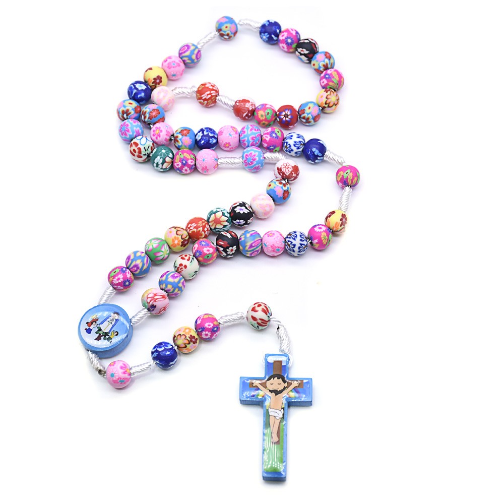 电商专供编制彩色软陶手工玫瑰念珠项链儿童十字架串珠Rosary