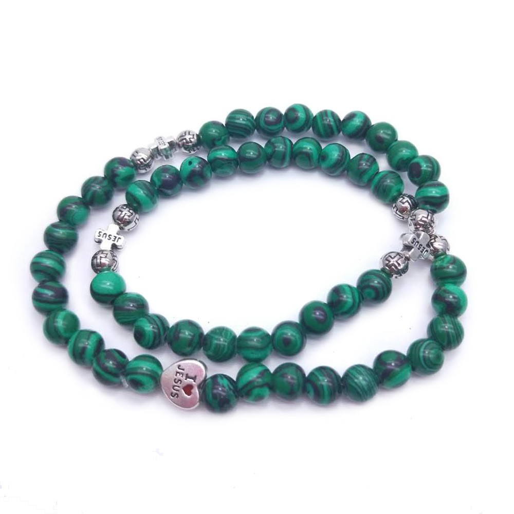 外贸出口孔雀石十字架手链圣心手串弹力绕绳手环 Maria bracelet