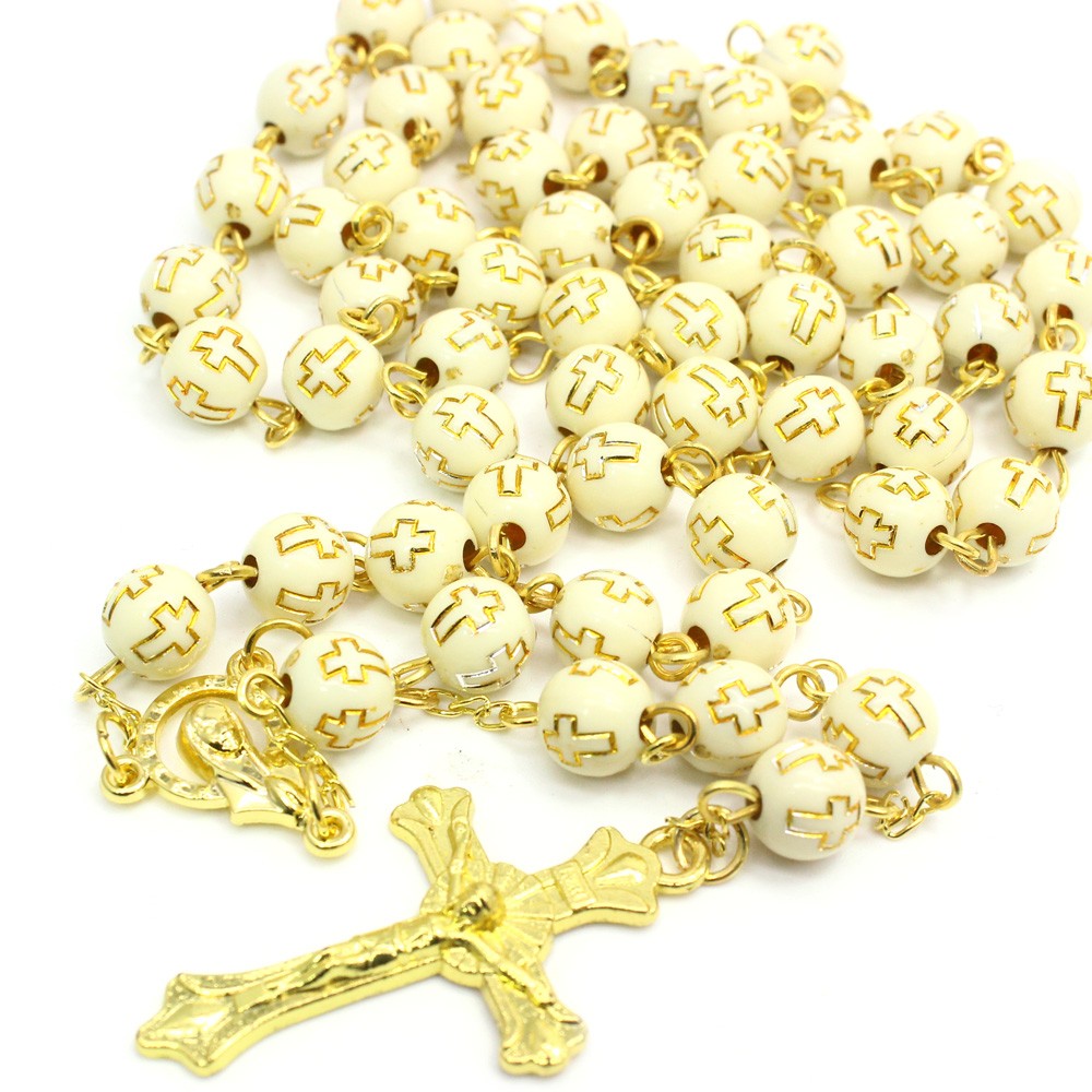 8mm（金色）十字珠念珠项链十字架礼品赠品  念珠项链十字架
