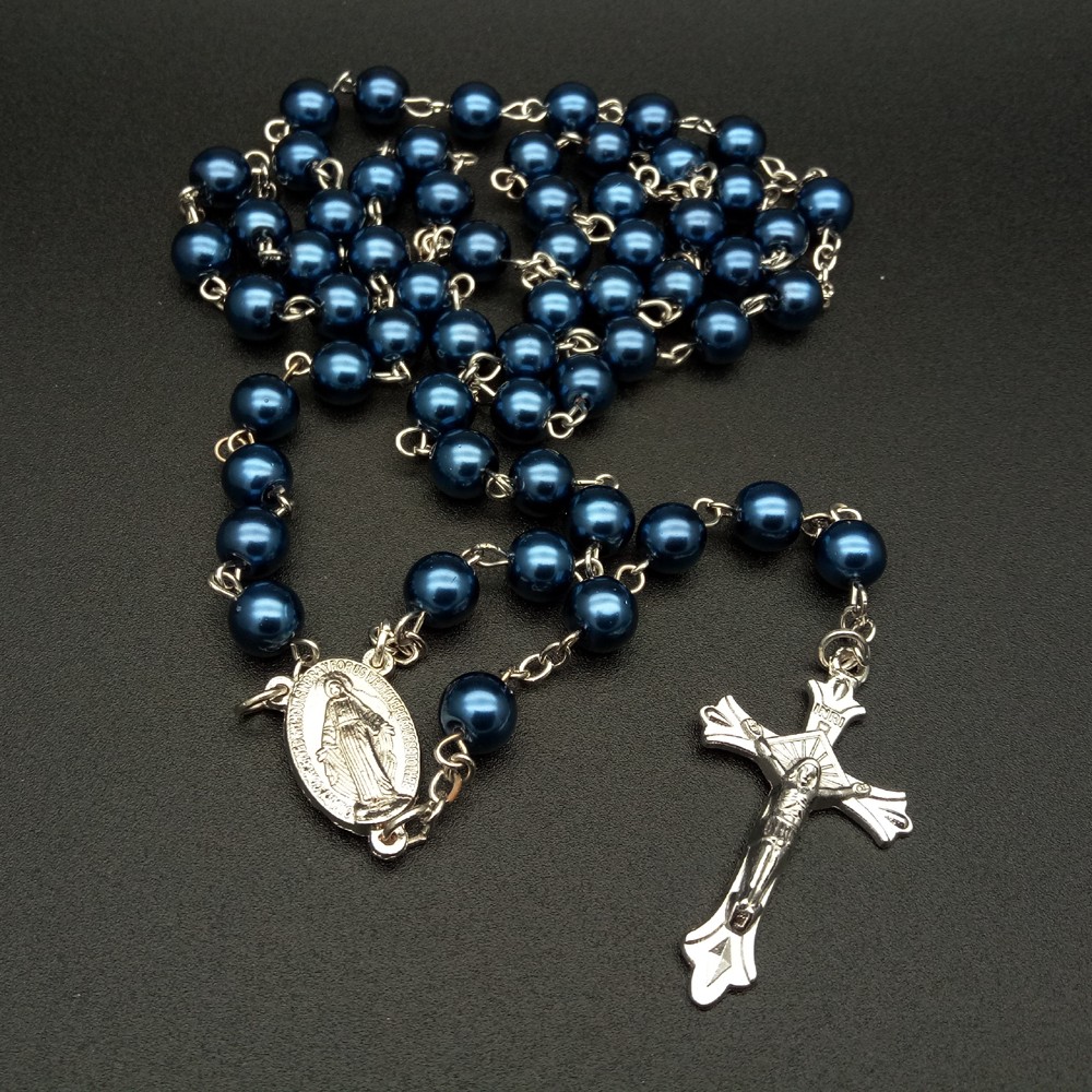 宝蓝8MM珍珠十字架念珠项链Rosary Bead