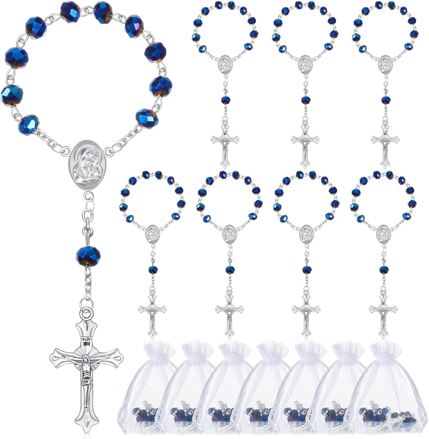 蓝光十字架水晶玫瑰念珠手链手串手环弯针串珠Rosary bracelet